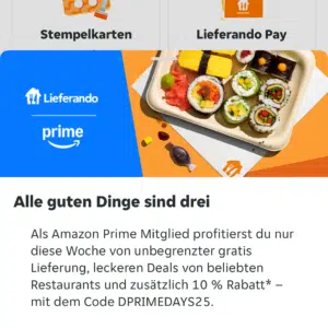 Lieferando: Amazon Prime gibt euch 10% Rabatt (MBW: 15€)