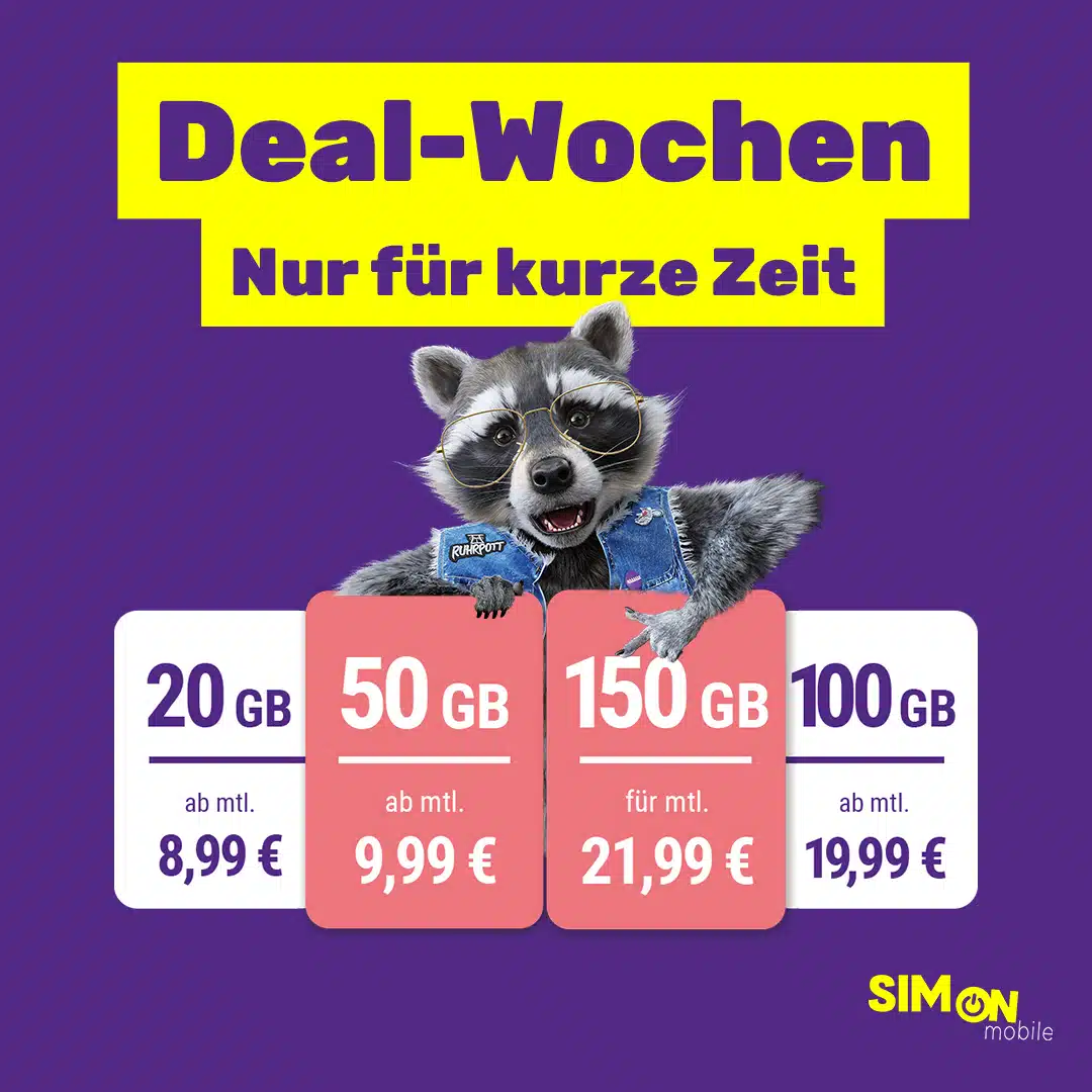 Thumbnail 🦝 SIMon mobile: mtl. kündbare 50GB 5G &amp; LTE Vodafone Allnet für 9,99€ mtl. 😎 20GB / 70GB / 100GB / 150GB für 8,99€ / 16,99€ / 19,99€ / 21,99€