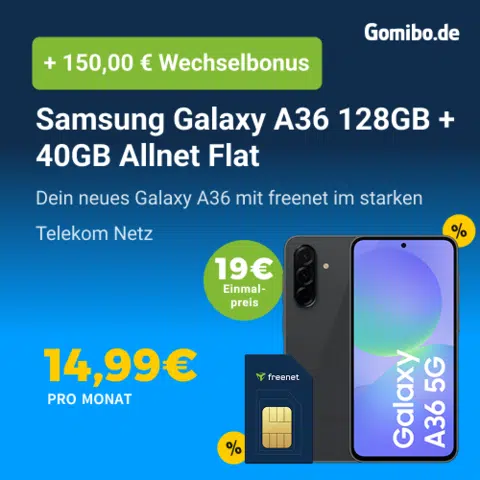 Samsung Galaxy A36 5G (128GB) für 19€ + 40GB 5G/LTE Telekom Allnet für 14,99€/Monat + 150€ Wechselbonus (freenet Telekom Allnet Flat)