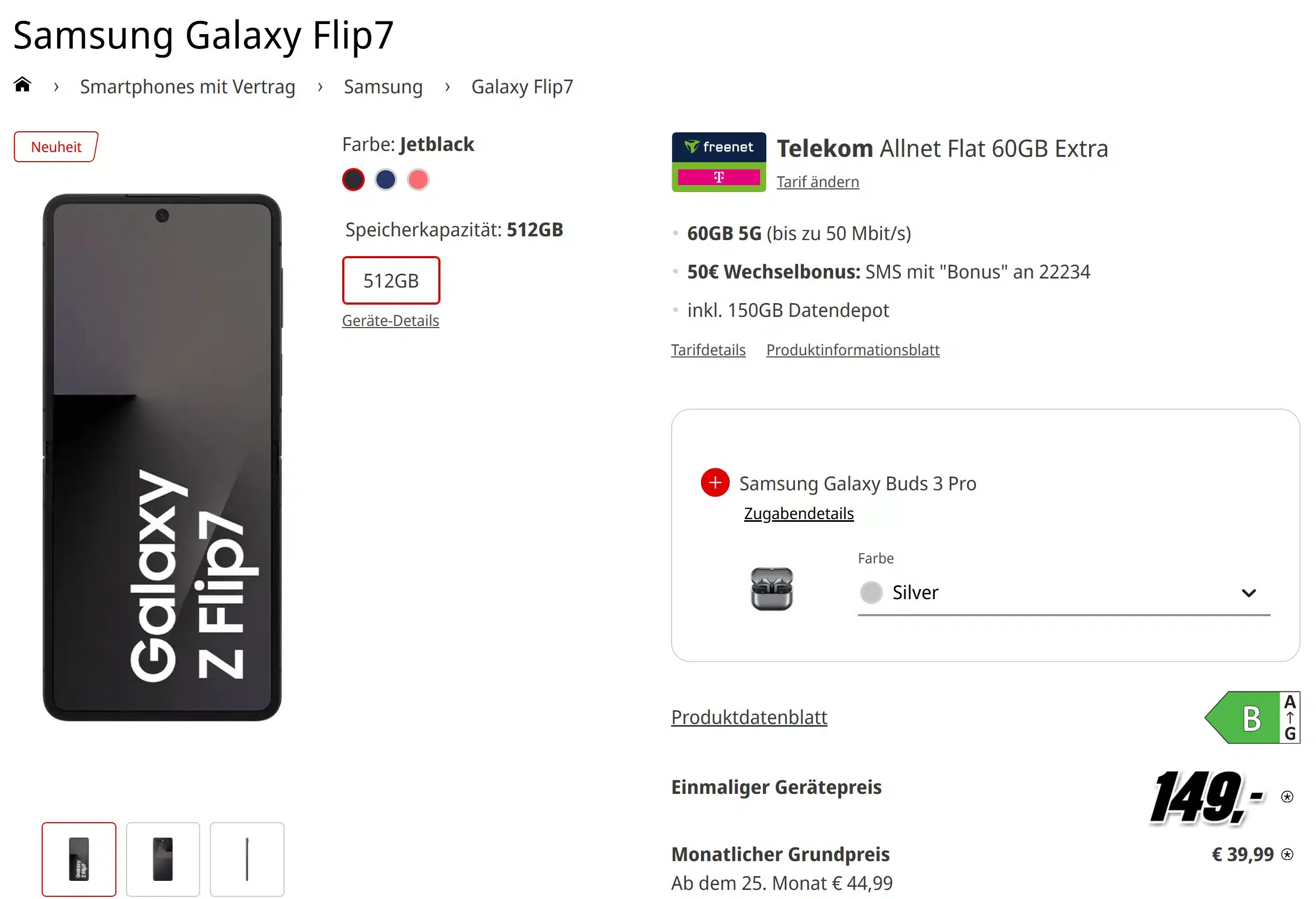 Tarif-Deal mit dem Samsung Galaxy Flip 7 in der MediaMarkt-/Saturn-Tarifwelt
