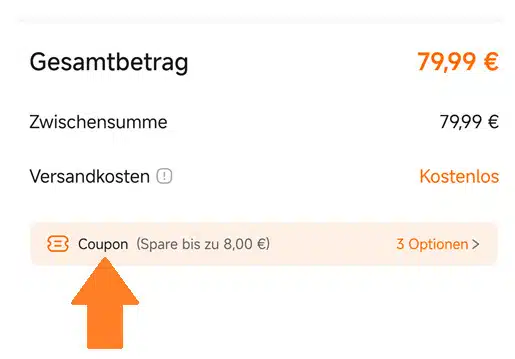 Orangener Pfeil auf Coupon im Xiaomi-Warenkorb