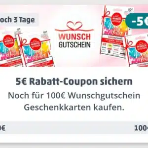 Wunschgutscheine für 100€ kaufen - 5€ Rabatt-Coupon erhalten Penny App