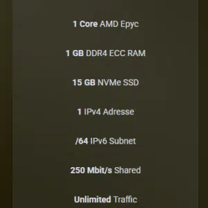 VPS gefunden: 1 vCore / 1 GB RAM / 15 GB NVMe für 1,00 €/Monat [Begrenzt]