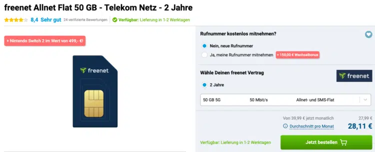 Nintendo Switch 2 für 9€ + Mario Kart World + 50GB 5G/LTE Telekom Allnet für 27,99€/Monat + 150€ Wechselbonus (freenet Telekom Allnet Flat)