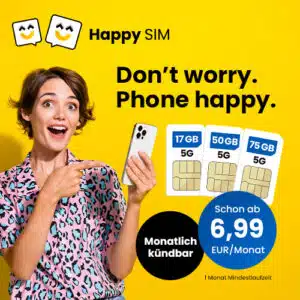 2 Freimonate auf mtl. kündbare 5G & LTE Allnets 😱 17GB für 6,99€ | 50GB für 9,99€ | 75GB für 11,99€ (Happy Sim im Telefónica-Netz)