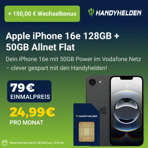 Thumbnail Eff. GRATIS: Apple iPhone 16e (128GB) für 79€ + 50GB 5G/LTE Vodafone Allnet für 24,99€/Monat + 150€ Wechselbonus (Handyhelden)
