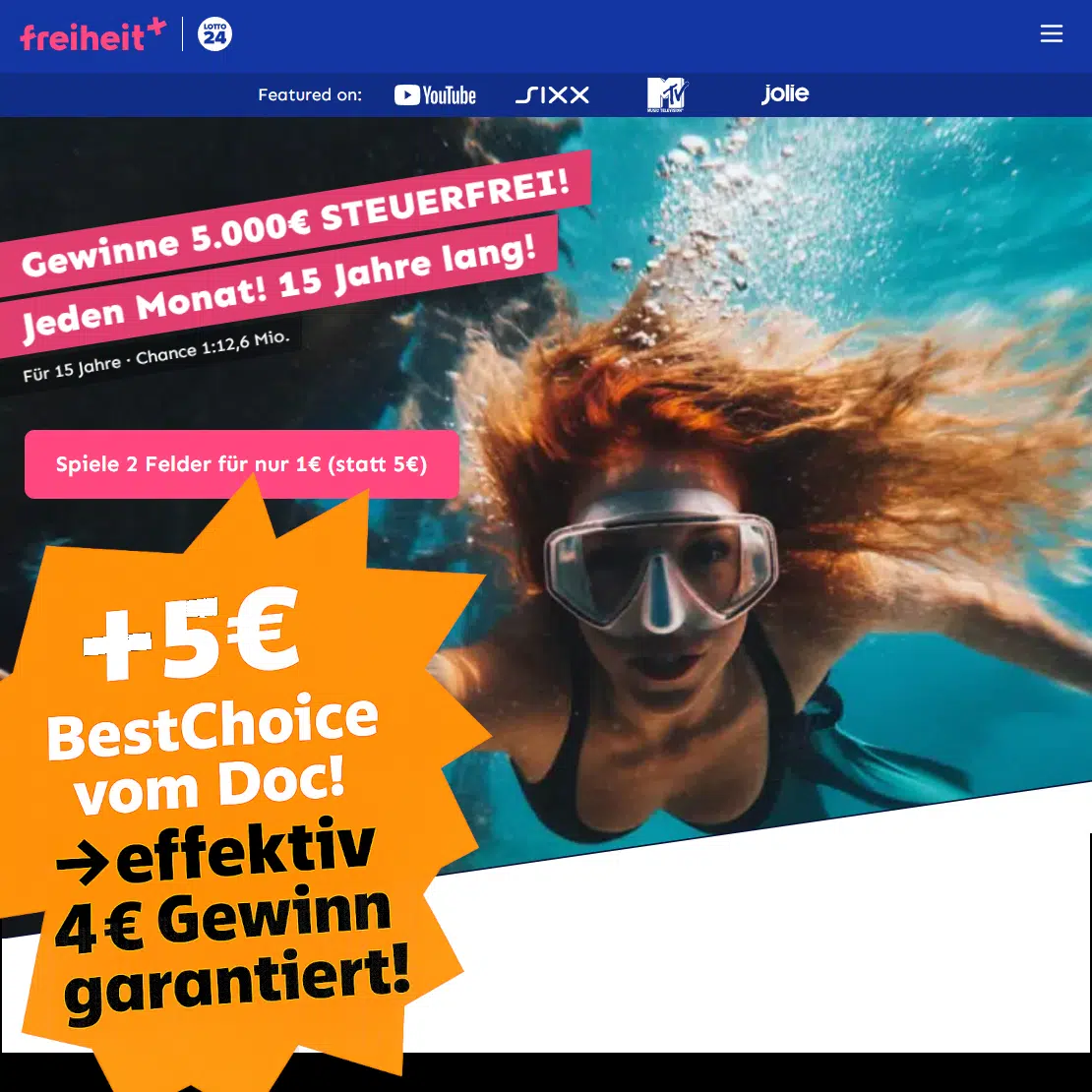 Thumbnail LOTTO24 Freiheit+: 250.000€ Sofortgewinn + 5.000€ jeden Monat 15 Jahre lang – 2 Felder für 1€ statt 5€ + 5€ Bonus    💰💰💰💰