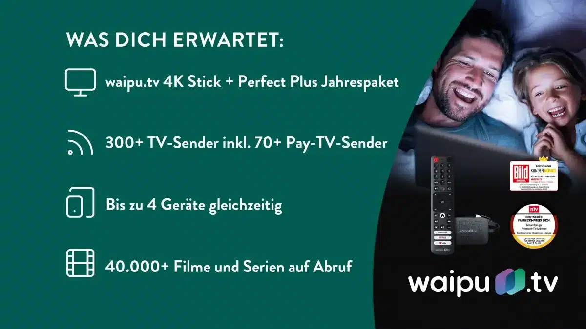 Was dich erwartet: waipu.tv 4K Stick + Perfect Plus Jahrespaket, 300+ TV-Sender inkl. 70+ Pay-TV-Sender, bis zu 4 Geräte gleichzeitig, 40.000+ Filme und Serien auf Abruf.