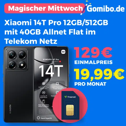 Thumbnail Eff. GRATIS: Xiaomi 14T Pro (512GB) für 129€ + 40GB 5G/LTE Telekom Allnet für 19,99€/Monat + 150€ Wechselbonus (freenet Telekom Allnet Flat)
