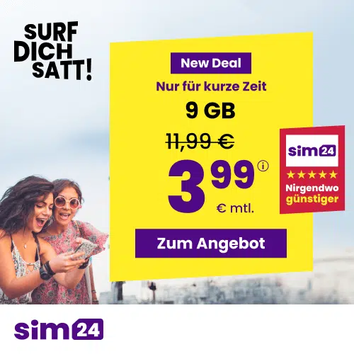 Thumbnail mtl. kündbare 5G Allnet mit 9GB für 3,99€/Monat oder 20GB für 4,99€ - 100Mbit/s Speed bei 24 Monaten (SIM24 im 1&amp;1-Netz)