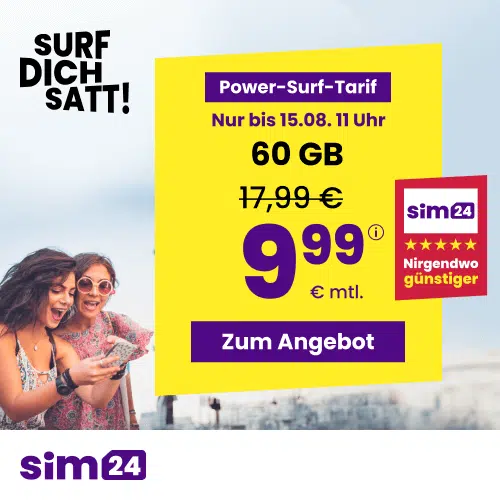 Thumbnail mtl. kündbare 5G Allnet mit 60GB für 9,99€/Monat oder 20GB für 4,99€ & weitere Tarife (SIM24 im 1&amp;1-Netz)
