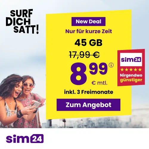 Thumbnail mtl. kündbare 5G Allnet mit 45GB für 8,99€/Monat inkl. 3 Freimonate GRATIS; weitere Tarife (SIM24 im 1&amp;1-Netz)