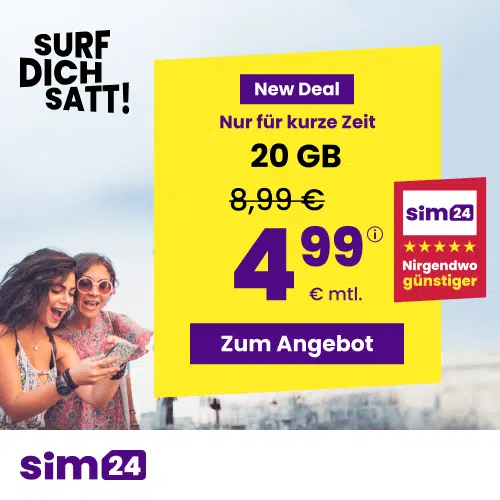 Thumbnail mtl. kündbare 5G Allnet mit 45GB für 8,99€/Monat inkl. 3 Freimonate GRATIS - 20GB für 4,99€/Monat; weitere Tarife (SIM24 im 1&amp;1-Netz)