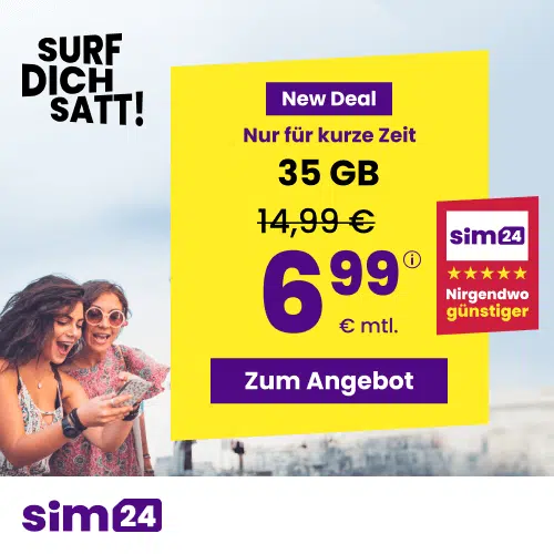 Thumbnail mtl. kündbare 5G Allnet mit 35GB für 6,99€/Monat - 20GB für 4,99€/Monat; weitere Tarife (SIM24 im 1&amp;1-Netz)