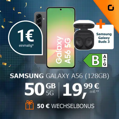 Thumbnail Samsung Galaxy A56 (128GB) für 1€ + 50GB 5G/LTE Allnet für 19,99€/Monat + GRATIS Galaxy Buds FE+ 50€ Wechselbonus (otelo Allnet Flat Classic)