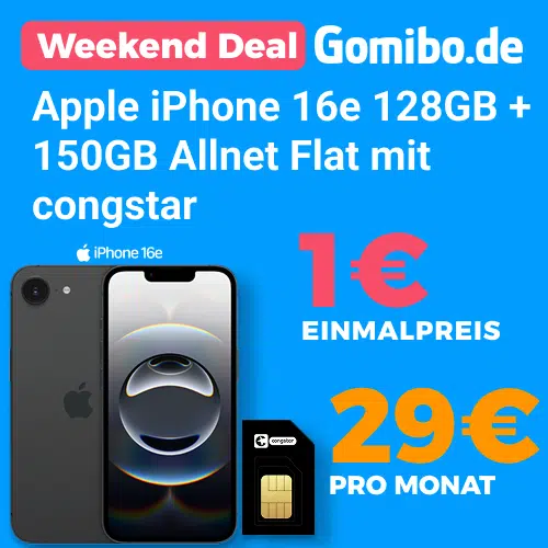 Thumbnail Apple iPhone 16e: 128GB für 1€ | 256GB für 129€ + 150GB LTE/5G Telekom Allnet für 29€/Monat + 10€ Wechselbonus (congstar Allnet Flat L)
