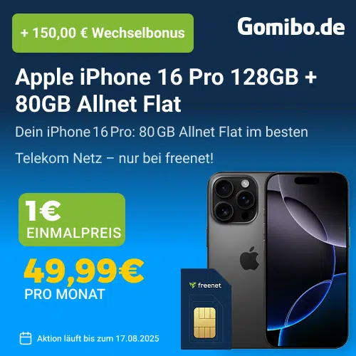 Thumbnail ☺️ Ab eff. 4,36€/Monat: Apple iPhone 16 Pro (128GB) für 1€ / (256GB) für 99€ + 80GB 5G/LTE Telekom Allnet für 49,99€/Monat + 150€ Wechselbonus + 150GB Datendepot (freenet Telekom Allnet Flat)
