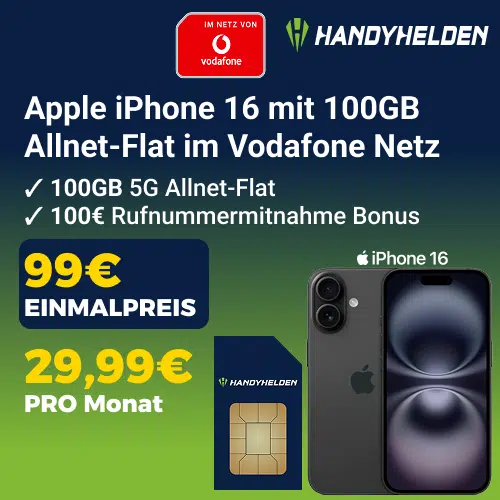 Thumbnail Eff. GRATIS: Apple iPhone 16 (128GB) für 99€ + 100GB LTE/5G Vodafone Allnet für 29,99€/Monat + 100€ Wechselbonus (Handyhelden)