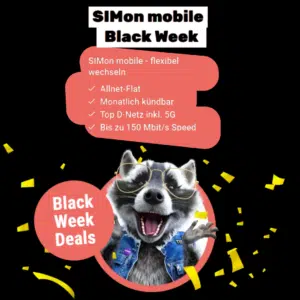 Thumbnail 🦝 SIMon mobile Black Week Deals: mtl. kündbare 100GB 5G &amp; LTE Vodafone Allnet für 9,99€ mtl. 😎 oder 300GB für 16,99€