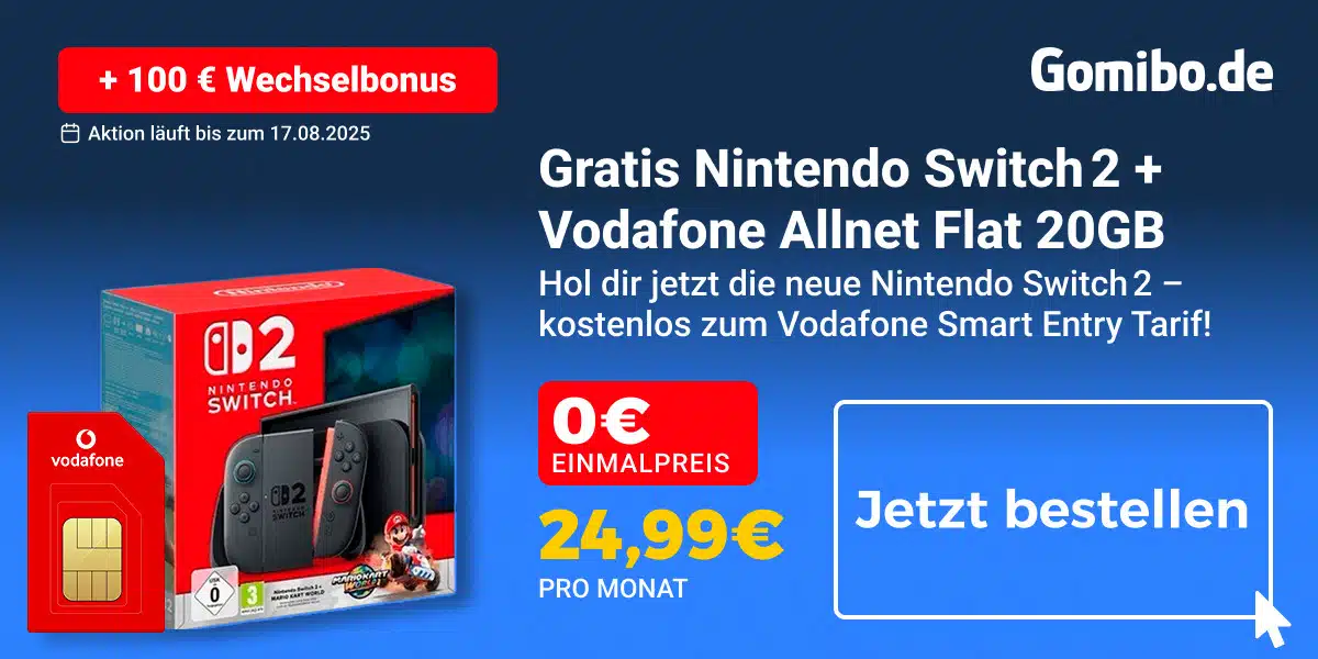 Gomibo gratis Nintendo Switch 2 + Vondafone Allnet Flat 20GB + 100€ Wechselbonus