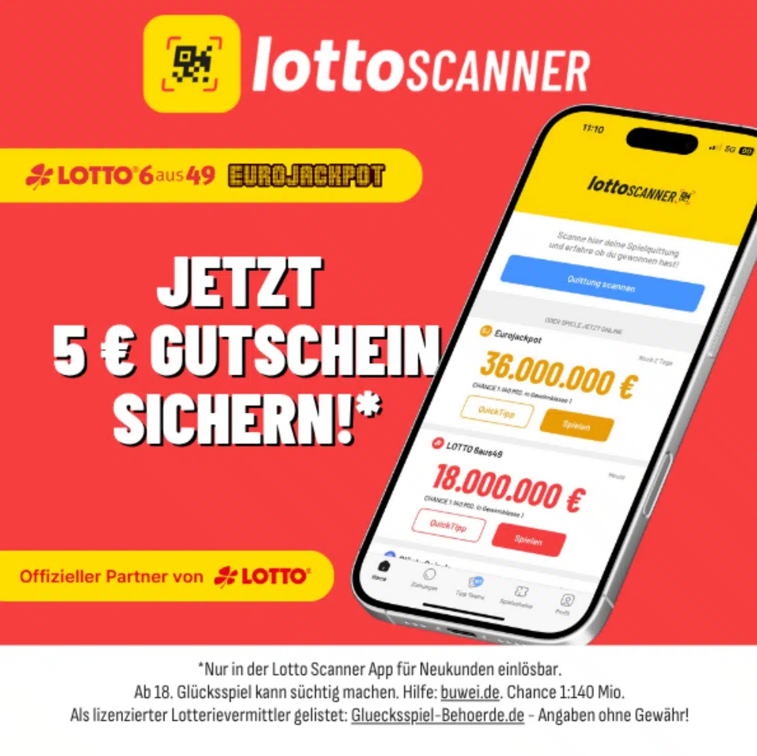 Thumbnail 🪙 Eurojackpot GRATIS: 2 Felder für 0,00€ (statt 4,80€) mit 10 Mio € Jackpot - Lotto Scanner-Neukunden