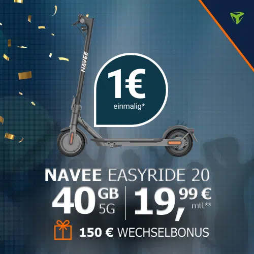 Thumbnail Navee Easyride 20 E-Scooter für 1€ + 150€ Wechselbonus + 40GB 5G/LTE Telekom-Allnet für 19,99€/Monat (Freenet Telekom Allnet)