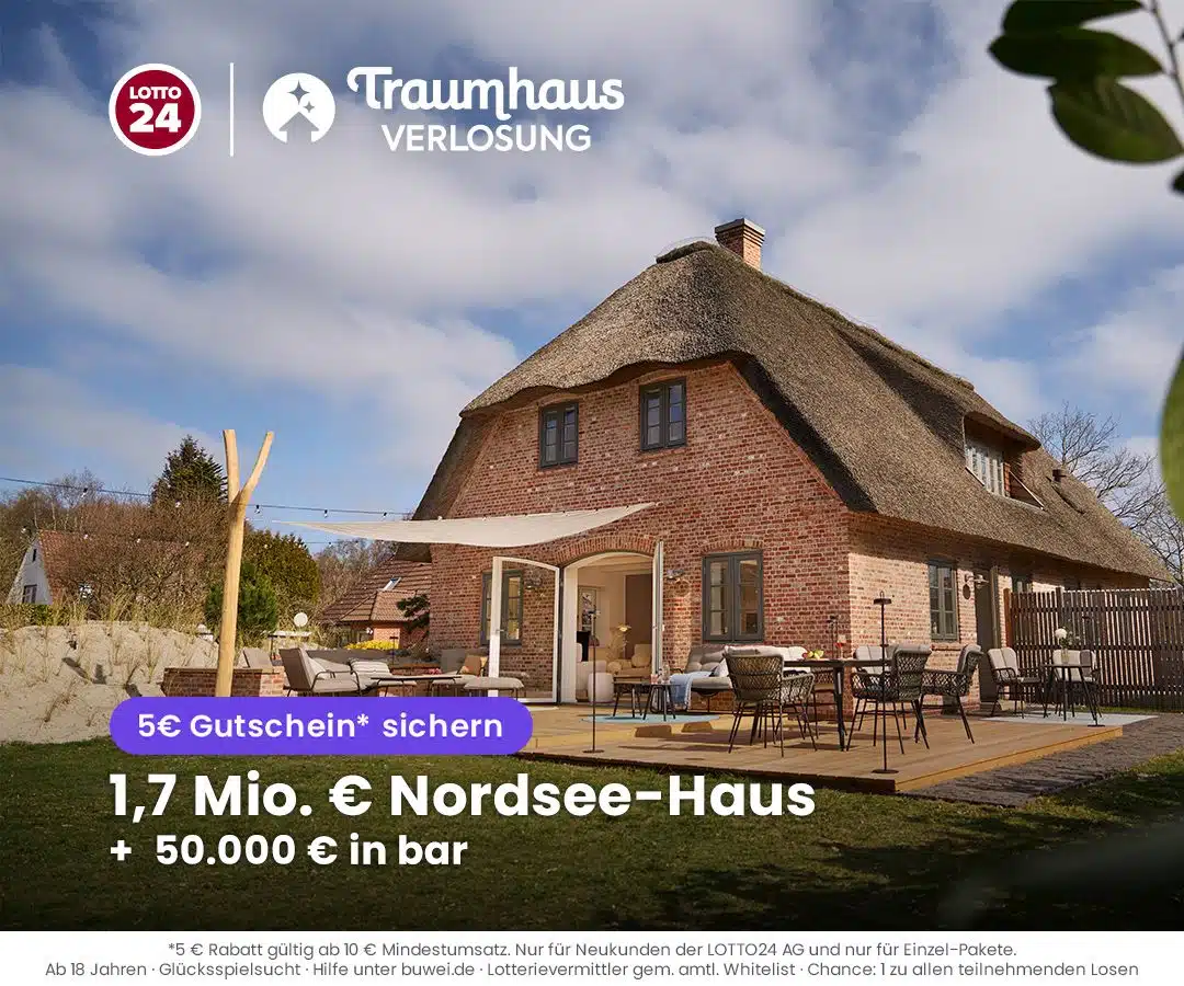 Thumbnail Traumhausverlosung: 1,7 Mio. € Nordsee-Villa + 50.000€ Bargeld für nur 5€ Einsatz