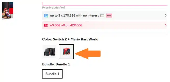 Pfeil auf Nintendo Switch 2 Bundle mit Mario Kart bei AliExpress