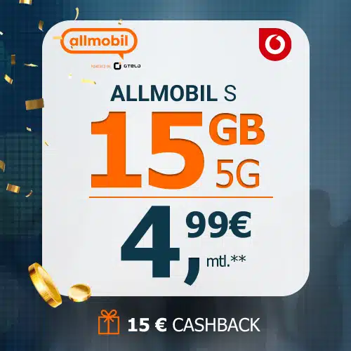 Thumbnail Die neuen allmobil LTE/5G Allnet-Flats bei LogiTel – z.B. 15GB für 4,99€/Monat + 0€ AP + 15€ Cashback