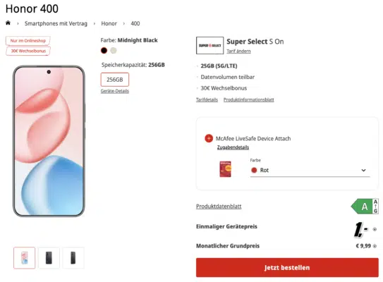 Honor 400 (256GB) + 25GB 5G/LTE o2 Allnet
