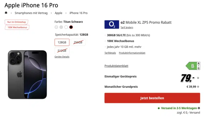 Apple iPhone 16 Pro (128GB) für 79€ + 300GB 5G/LTE o2 Allnet für 39,99€/Monat 