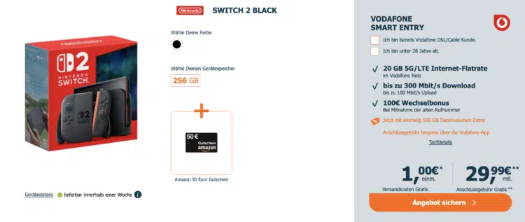 Nintendo Switch 2 + 25GB 5G/LTE Vodafone Allnet für 29,99€/Monat + 100€ Wechselbonus + GRATIS: 50€ Amazon Gutschein