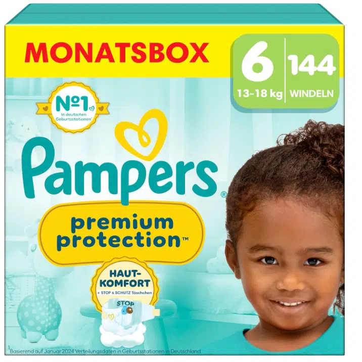 Thumbnail Pampers Windeln Premium Protection Gr.6 Monatsbox 144 St. für 41,86€ (statt 58€)