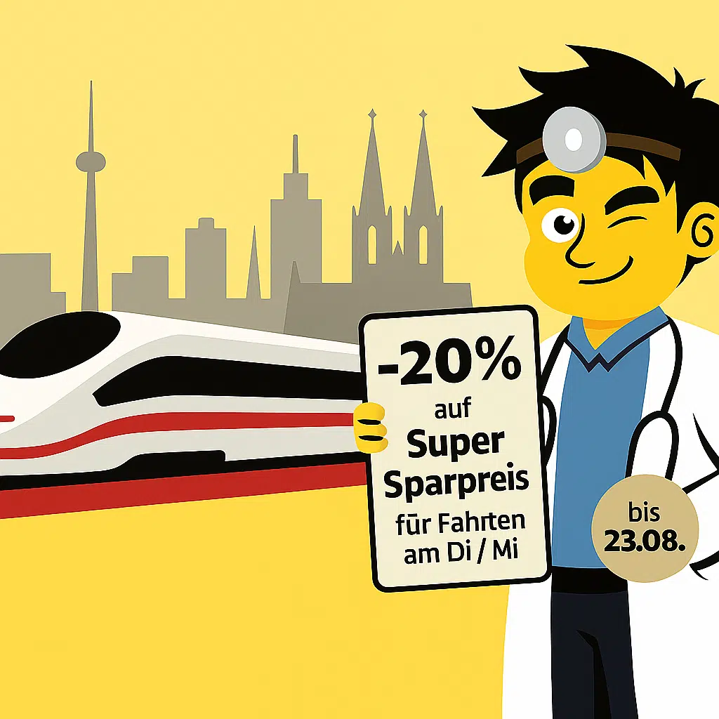 Thumbnail DB Super Sparpreis: 20% Extra-Rabatt auf Fahrten am Di / Mi bis 10.12. – Tickets ab 5,59€ im ICE / IC