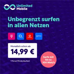 Thumbnail Unlimited Mobile - unlimitierte Daten inkl. Allnet-Flat bereits ab 14,99€ ✅ alle Netze (o2, Telekom, Vodafone) ✅ auch monatlich kündbar