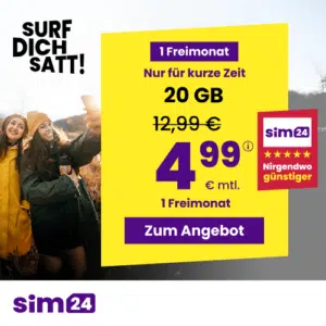 Thumbnail mtl. kündbare 5G Allnet mit 20GB für 4,99€/Monat +1 Freimonat; weitere Tarife (SIM24 im 1&amp;1-Netz)
