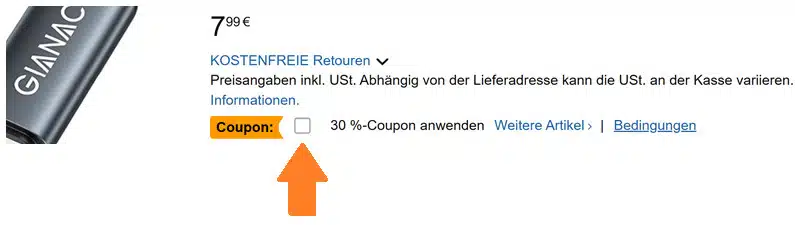 30% Coupon bei Amaozon aktivieren - orangener Pfeil