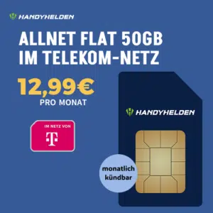 Thumbnail Monatlich kündbare 50GB 5G/LTE Allnet-Flat im Telekom-Netz für 12,99€/Monat + 19,99€ Anschlusspreis - 24 Monate mit 0€ AP (Handyhelden)