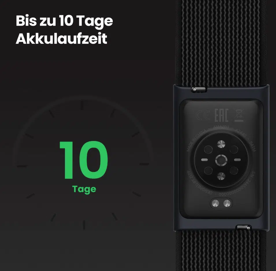 Amazfit Helio Strap Smart Band Fitness-Tracker hat eine Akkulaufzeit von bis zu 10 Tagen.