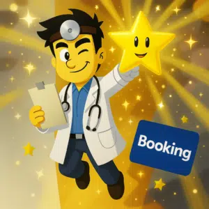 KI-generiertes Bild vom DealDoktor Maskottchen, der nach einem Stern greift. Dazu ist das Booking Logo zu sehen.