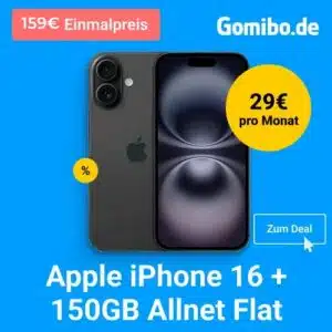 Thumbnail Apple iPhone 16 (128GB) für 159€ / (256GB) für 299€ + 150GB LTE/5G Telekom Allnet für 29€/Monat + 10€ Wechselbonus (congstar Allnet Flat L)