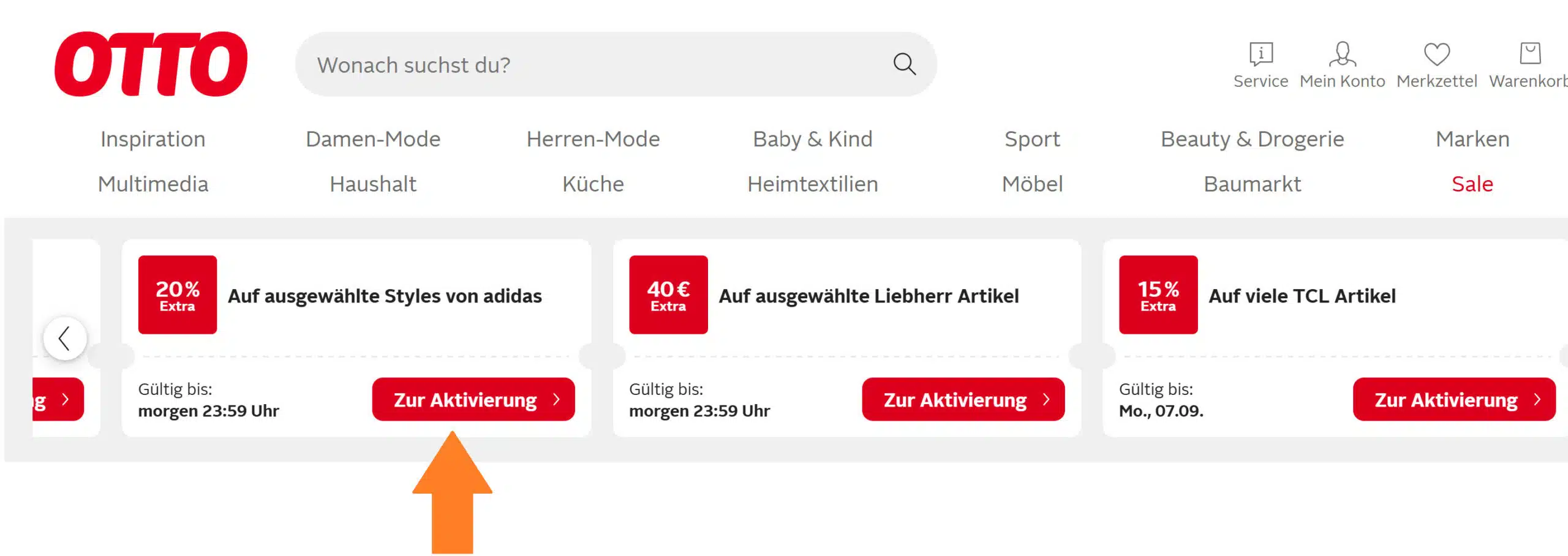 Orangener Pfeil auf OTTO-Startseite, der auf eine adidas Rabattaktion zeigt