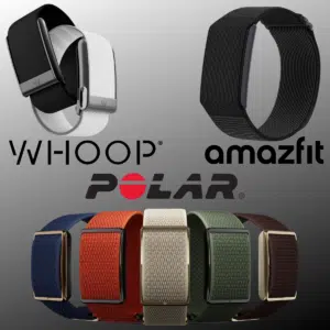 Whoop vs. Amazfit Helio Strap vs. Polar Loop auf einem Bild.