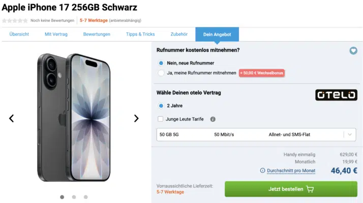 Apple iPhone 17 (256GB) für 649€ + 50GB 5G/LTE otelo Allnet für 19,99€/Monat