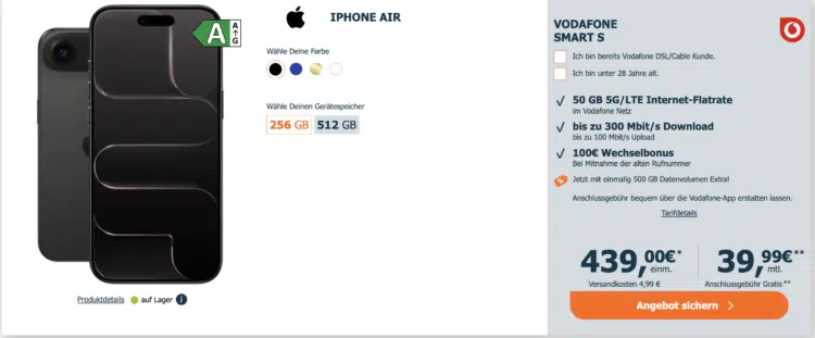Apple iPhone Air + 50GB LTE/5G Allnet für 39,99€ mtl. 