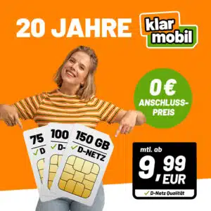 Thumbnail Klarmobil: SIM-only Geburtstags-Tarife im Vodafone-Netz mit 0€ AP – z.B. 75GB 5G/LTE Allnet für 9,99€/Monat