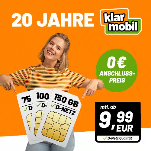 Thumbnail Klarmobil: SIM-only Geburtstags-Tarife im Vodafone-Netz mit 0€ AP – z.B. 75GB 5G/LTE Allnet für 9,99€/Monat