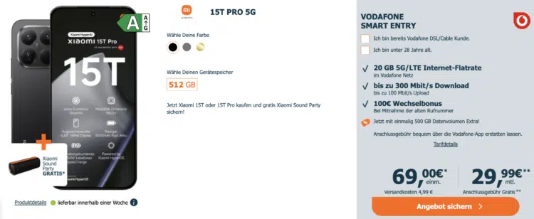 Xiaomi 15T Pro (512GB) für 69€ + GRATIS: Xiaomi Sound Party + 20GB 5G/LTE Allnet für 29,99€/Monat