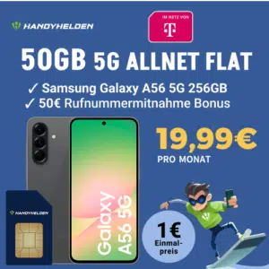 Thumbnail Samsung Galaxy A56 5G (256GB) für 1€ + 50GB LTE/5G Allnet im Telekom-Netz für 19,99€/Monat + 50€ Wechselbonus + 0€ Anschlusspreis (Handyhelden)