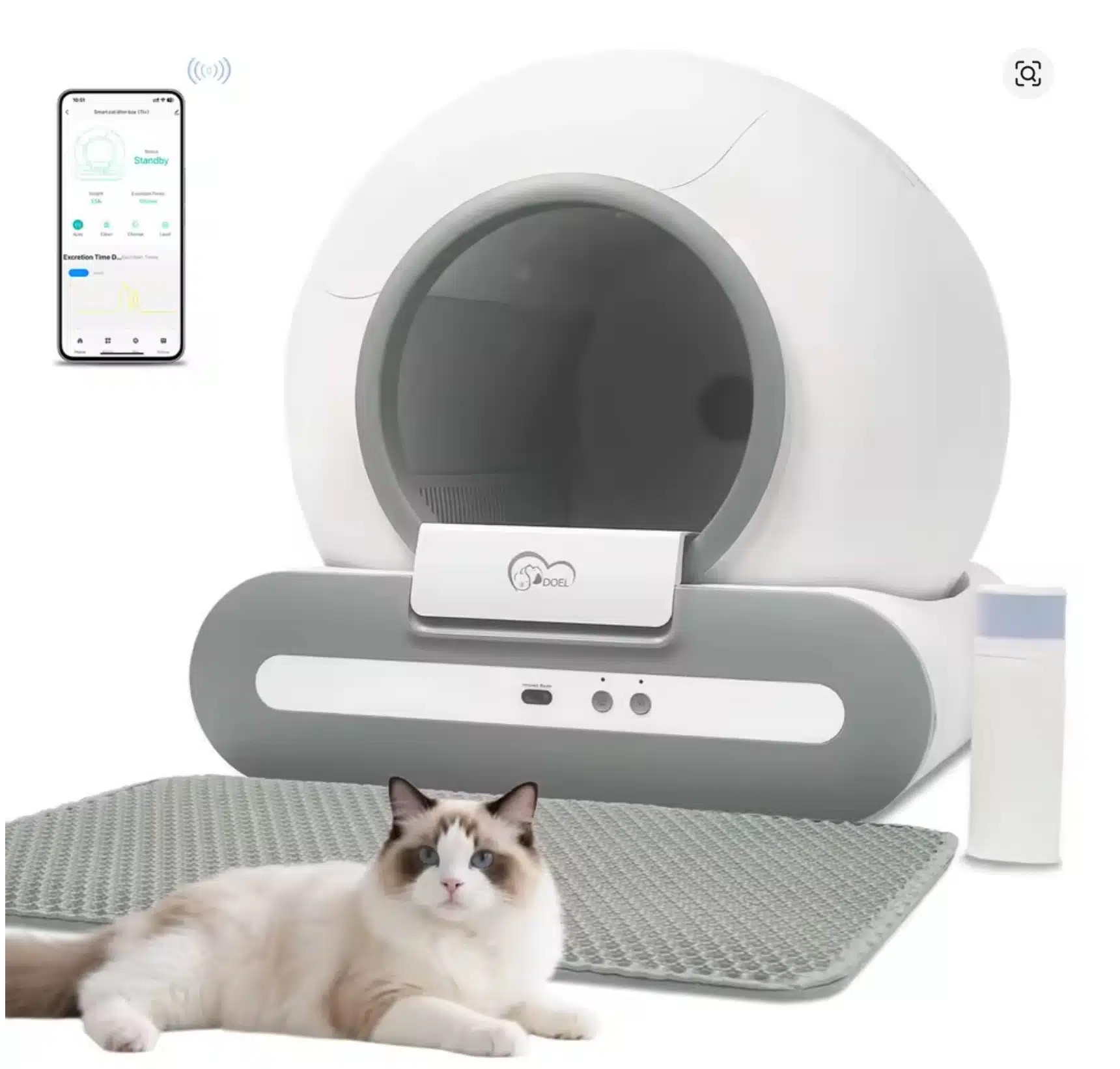 Selbstreinigende Katzentoilette mit einer Katze davor